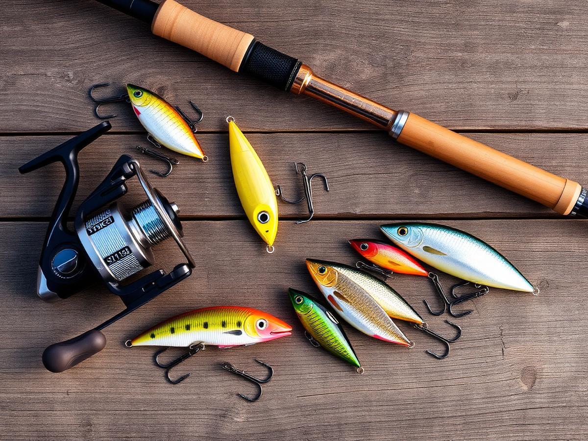 Fishing lures, a spinning reel and a rod handle laid out on weathered wood